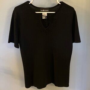 Sag Harbor Black Knit top with Embroidered Tie Neckline detail Size Small